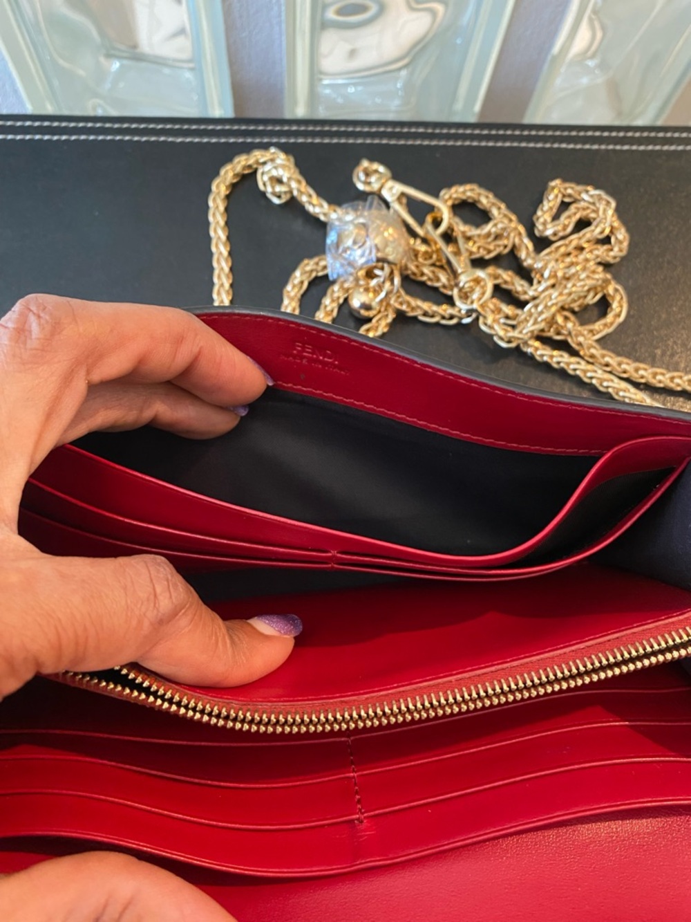 Fendi Red & Brown FF Logo Continental Envelope Zucca Monogram Wallet w/ Chain - Picture 10 of 14